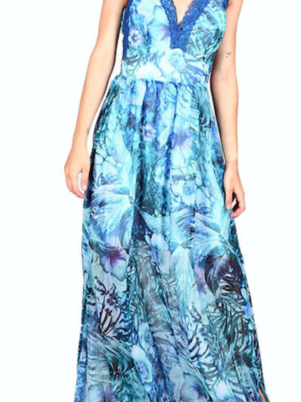 Guess Blue Floral Maxi Dress with V-Neck